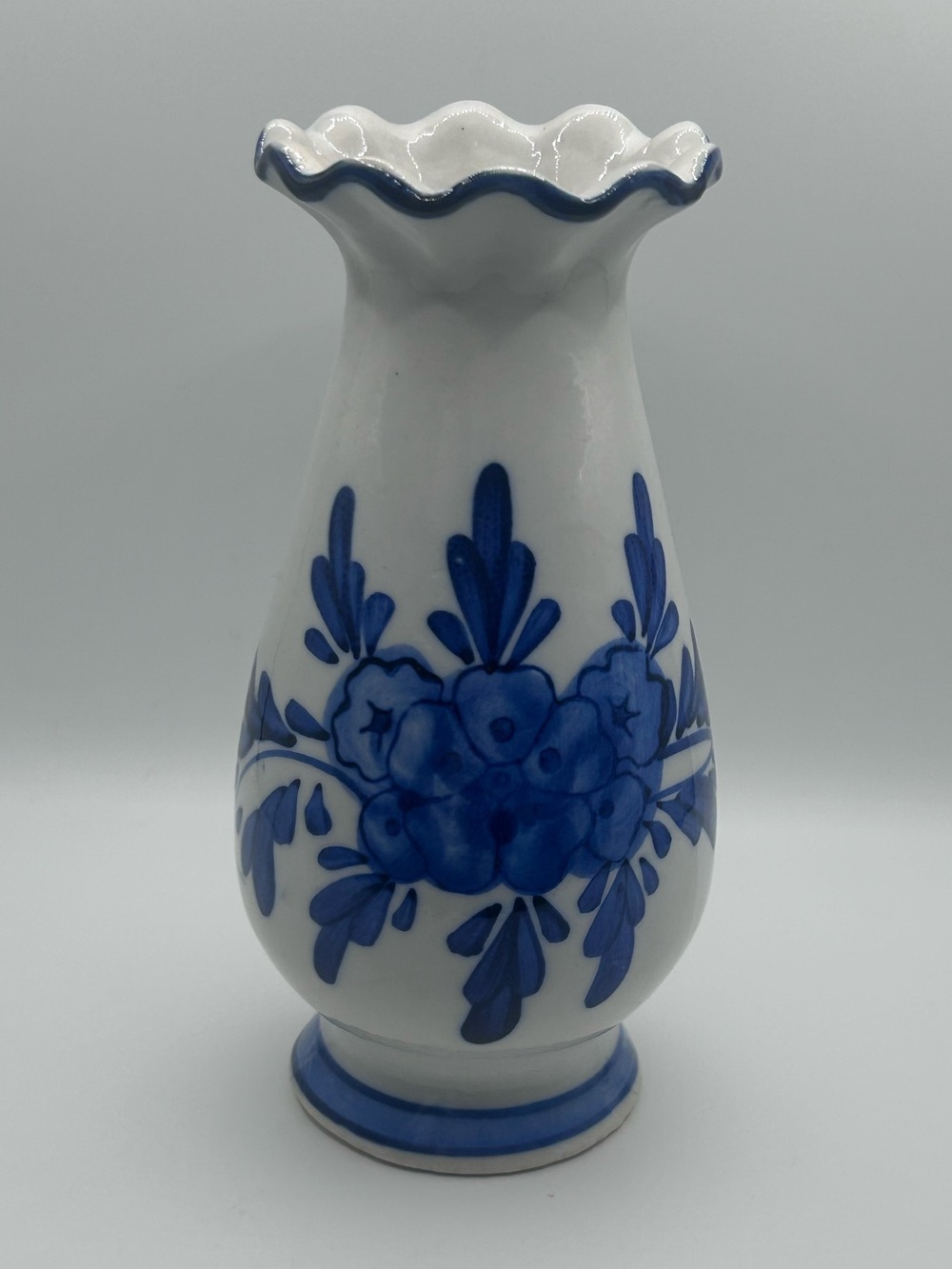 Vintage Delft Blue Vase Hand Painted Dutch Windmill Floral Vase Ruffled Rim Blue